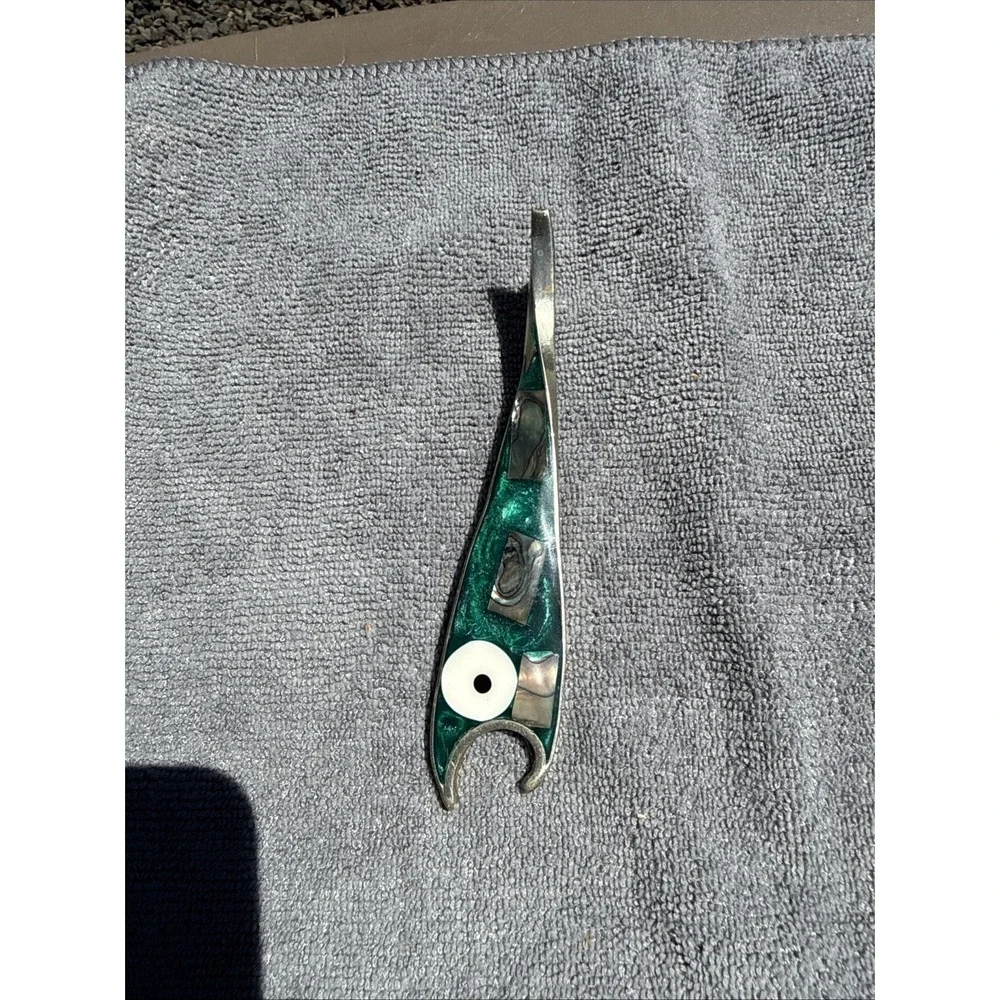 Vintage Alpaca Silver Abalone Mother of Pearl Fish Bottle Opener Barware
